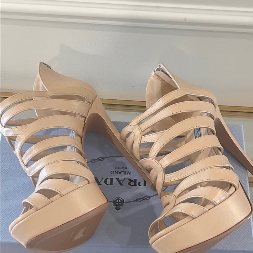 Prada Women's Tan Cage Strappy Stilleto Heels - Picture 5 of 13